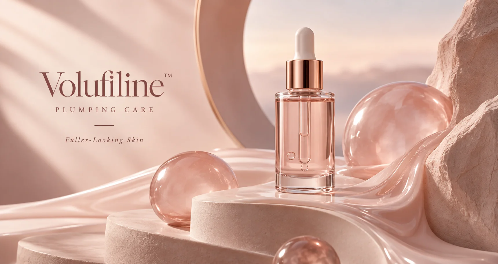 A glass dropper bottle of Volufiline plumping serum placed atop a smooth, beige pedestal surrounded by soft pink orbs and curves, with text reading 'Volufiline Plumping Care' and 'Fuller-Looking Skin' in the background.